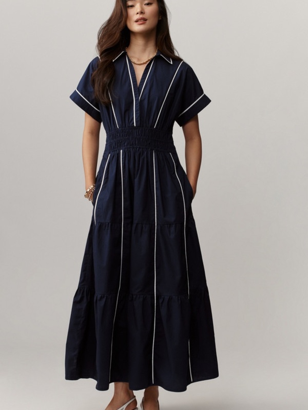 Anthropologie black piped somerset Maxi Dress with White Piping